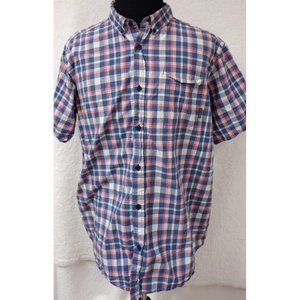 Columbia Mens XL Blue Pink Plaid Short sleeve Button Up Cotton Logo Shirt